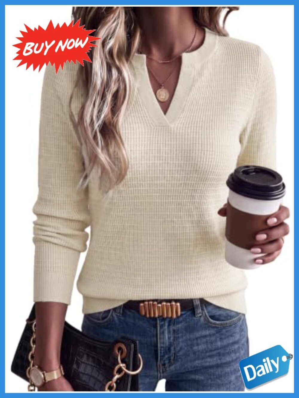 Waffle Knit V Neck Long Sleeve Pullover Sweater Cotton Work Casual Fall